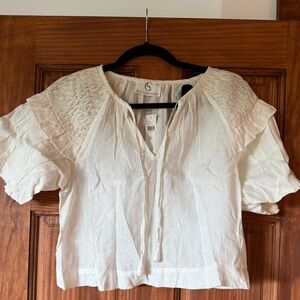 Self Contrast Linen Puff Sleeve Top — White — XXS (Fits Small) — New w/ Tags